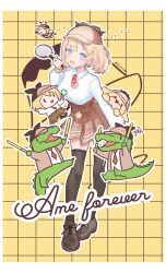 1girl :d absurdres black_thighhighs blonde_hair blue_eyes blush breasts brown_shoes brown_skirt bubba_(watson_amelia) deerstalker full_body hat high-waist_skirt highres holding holding_lightstick holding_magnifying_glass hololive hololive_english investigator_(amelia_watson) long_sleeves looking_at_viewer magnifying_glass medium_breasts necktie null_suke open_mouth pleated_skirt red_necktie shirt shoes short_necktie skirt smile smol_ame standing thighhighs twitter_username virtual_youtuber watson_amelia watson_amelia_(1st_costume) white_shirt yellow_background zettai_ryouiki