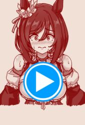 1girl animal_ears animated animated_png blush breakout breasts cleavage closed_mouth commentary_request ear_scrunchie eishin_flash_(umamusume) game_over hair_between_eyes horse_ears horse_girl large_breasts leaning_forward long_sleeves looking_at_viewer lowres medium_hair shiodanx shirt smile solo umamusume upper_body