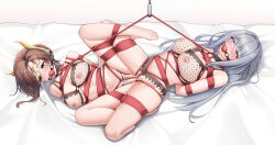 Rule 34 | 2girls, absurdres, alexandria (xenoblade), arms behind back, ball gag, barefoot, bdsm, bed sheet, blue eyes, bondage, bound, bound together, braid, breasts, brown hair, collar, commentary request, crotch rope, empty eyes, ethel (xenoblade), fishnet bra, flan ling, forehead protector, gag, green eyes, grey hair, hair bun, highres, inverted nipples, lactation, large breasts, long hair, multiple girls, nipples, pussy juice, saliva, shibari, simple background, slave, tribadism, xenoblade chronicles (series), xenoblade chronicles 3, yuri