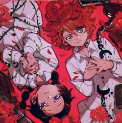 Rule 34 | 2girls, ahoge, black hair, book, braid, closed mouth, collarbone, cuffs, emma (yakusoku no neverland), flower, green eyes, highres, instrument, isabella (yakusoku no neverland), lantern, long sleeves, looking at viewer, lute (instrument), lying, multiple girls, neck tattoo, on back, own hands clasped, own hands together, plant, purple eyes, qin (7833198), red background, red flower, red petals, rotational symmetry, shackles, shirt, short hair, skirt, tattoo, vines, white shirt, white skirt, yakusoku no neverland