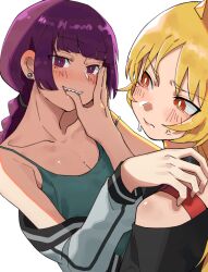 Rule 34 | 2girls, anger vein, black shirt, blonde hair, blush, bocchi the rock!, closed mouth, commentary, dress, earrings, finger in another&#039;s mouth, green dress, hand on another&#039;s shoulder, highres, hiroi kikuri, ijichi seika, jacket, jewelry, multiple girls, off-shoulder shirt, off shoulder, purple eyes, purple hair, red eyes, ringed eyes, sharp teeth, shirt, simple background, strap slip, stud earrings, sweatdrop, takao (88499191), teeth, white background, white jacket, yuri