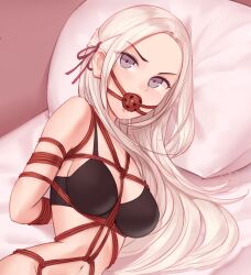 1girl absurdres alternate_breast_size arms_behind_back artist_request bare_shoulders bdsm black_bra blonde_hair bondage bound bra breasts commentary commission dildo_gag edelgard_von_hresvelg english_commentary fire_emblem fire_emblem:_three_houses gag gagged hair_ribbon highres indoors large_breasts long_hair looking_at_viewer looking_to_the_side lying navel nintendo on_bed on_side parted_bangs pillow purple_eyes purple_ribbon ribbon saliva second-party_source shade shibari sideboob solo stomach underwear upper_body