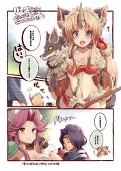 Rule 34 | &gt; &lt;, 1boy, 2girls, angela (seiken densetsu 3), animal ear fluff, animal ears, armor, black gloves, black hair, blonde hair, blue eyes, blush, breasts, camera, cleavage, closed eyes, closed mouth, fur-trimmed gloves, fur-trimmed shirt, fur trim, gloves, glowing, glowing eyes, green eyes, hand in own hair, hawkeye (seiken densetsu 3), highres, holding, holding camera, holding mask, holding polearm, holding weapon, long hair, mask, medium breasts, midriff, mii (03miiy), multiple girls, open mouth, parted bangs, pointy ears, polearm, purple hair, red gloves, red shirt, riesz, seiken densetsu, seiken densetsu 3, shirt, short hair with long locks, shoulder armor, sidelocks, single bare shoulder, smile, sweatdrop, tail, taking picture, upper body, weapon, wolf, wolf ears, wolf tail
