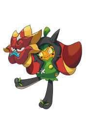 alternate_form artist_request bright_pupils closed_mouth fangs full_body highres holding holding_mask mask nintendo official_art ogerpon ogerpon_(hearthflame_mask) pokemon pokemon_(creature) pokemon_focus pokemon_sv simple_background smile solo standing standing_on_one_leg star-shaped_pupils star_(symbol) symbol-shaped_pupils third-party_source white_background white_pupils yellow_eyes