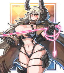 1girl artist_name black_gloves black_horns blush breasts cleavage closed_mouth cowboy_shot energy_whip faucre_the_evil_overlord gloves grey_hair hair_between_eyes highres holding horns large_breasts last_origin long_hair looking_at_viewer navel orange_eyes outline revealing_clothes sagas293 shoulder_spikes skindentation solo spikes string_bra sweat white_outline
