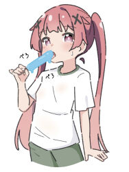 1girl commentary_request food green_shorts hair_ornament highres holding holding_food holding_popsicle kapuru_0410 licking long_hair looking_at_viewer open_mouth pink_eyes popsicle red_hair shirt short_sleeves shorts simple_background solo t-shirt tanemura_koyori tongue tongue_out twintails watashi_ni_tenshi_ga_maiorita! white_background white_shirt x_hair_ornament
