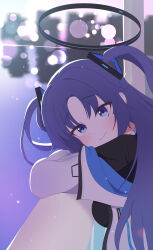 1girl absurdres black_halo black_jacket blue_archive breasts closed_mouth commentary_request fortysansan halo hand_on_railing highres jacket large_breasts long_hair mechanical_halo on_railing paper purple_eyes purple_hair railing shirt solo twintails white_jacket white_shirt yuuka_(blue_archive)