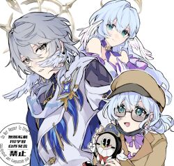 1girl 2boys alternate_costume blue_hair blue_jacket brown_hat brown_jacket character_doll clockie_(honkai:_star_rail) commentary_request doll dress gloves gold_trim green_eyes grey_hair halo halo_behind_head hat haz82yu head_wings holding holding_doll honkai:_star_rail honkai_(series) jacket long_hair looking_at_viewer multicolored_jacket multiple_boys open_mouth robin_(honkai:_star_rail) scarf simple_background smile sunday_(honkai:_star_rail) two-tone_jacket upper_body watermark white_background white_dress white_gloves white_jacket white_scarf wings yellow_eyes