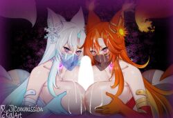 1boy 2girls @_@ ass bare_shoulders blue_gloves blue_hair breast_press breasts censored choker collarbone commentary commission cooperative_paizuri cum cum_on_body cum_on_breasts cum_on_hair cum_on_upper_body elbow_gloves english_commentary facial ffm_threesome fox_girl gloves glowing glowing_heart glowing_penis group_sex hair_ornament hetero highres huge_breasts hypnosis indie_virtual_youtuber large_variant_set long_hair looking_at_viewer mind_control mouth_veil multicolored_hair multiple_girls orange_hair orange_tail paizuri penis ryncka smug_alana snowflake_hair_ornament symmetrical_docking teamwork_(sexual) threesome two-tone_hair variant_set veil virtual_youtuber white_hair white_tail