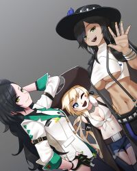 Rule 34 | 3girls, bangle, black hair, blonde hair, blue eyes, bracelet, breasts, cleavage, colt revolver (girls&#039; frontline), colt revolver (mod3) (girls&#039; frontline), colt walker (girls&#039; frontline), cowboy hat, earrings, fingerless gloves, girls&#039; frontline, gloves, green eyes, grey background, hat, highres, hoop earrings, jewelry, large breasts, medium breasts, missileer, mod3 (girls&#039; frontline), multiple girls, no eyepatch, official alternate costume, one eye closed, python (girls&#039; frontline), ring, sideboob, star (symbol), star print, suspenders, weapon connection