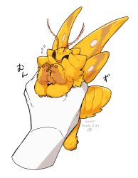 animal animal_focus antennae bug dated flying_sweatdrops full_body highres holding holding_animal insect moth original out_of_frame pov pov_hands sannota272 simple_background squeezing sweat white_background wings