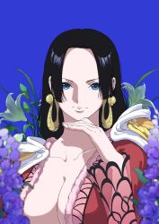 Rule 34 | 1girl, a-kura, black hair, blue background, blue eyes, boa hancock, breasts, cape, cleavage, closed mouth, commentary request, earrings, epaulettes, flower, highres, hood, hooded cape, jewelry, large breasts, long hair, long sleeves, looking at viewer, oda eiichirou, one piece, red shirt, shirt, simple background, snake earrings, solo, straight hair, upper body