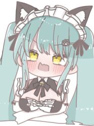 1girl 2khq8vnvuw76942 animal_ears apron bell blue_hair blush breasts cat_ears cleavage elbow_gloves gloves goddess_of_victory:_nikke highres large_breasts long_hair looking_at_viewer maid maid_headdress neck_bell open_mouth paw_hair_ornament privaty_(nikke) privaty_(unkind_maid)_(nikke) solo twintails very_long_hair white_gloves white_headdress yellow_eyes