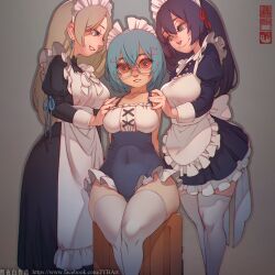3girls apron black_hair blonde_hair blue_eyes blue_hair green_eyes grey_background long_hair looking_at_another looking_at_viewer maid maid_apron maid_headdress multiple_girls original red_eyes short_hair signature sitting smile standing thighhighs thighs watermark web_address white_thighhighs zhaoyebai