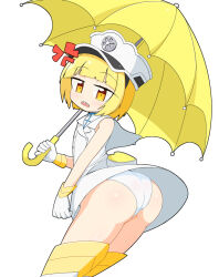 Rule 34 | 1girl, artist request, bleach, bleach: sennen kessen-hen, blonde hair, boots, female focus, flat chest, gloves, hat, holding, holding umbrella, liltotto lamperd, medium hair, military hat, open mouth, panties, sharp teeth, simple background, teeth, thigh boots, umbrella, underwear, white background, white gloves, white panties, yellow eyes