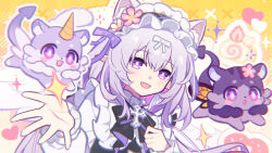 1girl :d alternate_costume animal animal_ear_fluff animal_ears black_bow black_dress blush bow castorice_(honkai:_star_rail) cat_ears chimera_(honkai:_star_rail) colored_inner_hair dress flower frills grey_hair hair_bow hair_flower hair_ornament hairband heart highres honkai:_star_rail honkai_(series) horns long_sleeves looking_at_viewer maid_headdress multicolored_hair open_mouth pink_eyes pink_flower pink_hair purple_eyes purple_hair smile solo sparkle xiaohutu