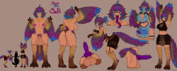 1girl ahoge animal_ears animal_penis ass bird_ears bird_legs bird_tail blue_feathers blue_hair breasts brown_background character_name claws colored_tongue commentary commission crotchless_shorts english_commentary feathered_wings feathers futa_without_pussy futanari hair_between_eyes hair_intakes harpy highres knotted_penis large_breasts large_penis large_testicles long_tongue monster_girl multicolored_hair multicolored_wings multiple_views neck_fur nipples original penis precum purple_feathers purple_hair purple_penis purple_tongue reference_sheet saddle scar_on_hip seraziel sharp_teeth simple_background tail talons tan teeth testicles tongue uncensored very_long_tongue winged_arms wings yellow_eyes
