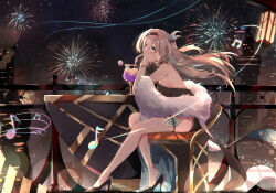 Rule 34 | 1girl, absurdres, alternate costume, backless dress, backless outfit, bare back, bare legs, bare shoulders, black dress, black footwear, black hairband, commentary, cupping glass, dress, drinking straw, elphe, feather boa, firefly (honkai: star rail), fireworks, from side, grey hair, hairband, high heels, highres, honkai: star rail, honkai (series), long hair, night, night sky, outdoors, purple eyes, sky, solo