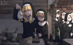6+girls absurdres bird black_robe blonde_hair blue_eyes book brown_hair cat_baguette_(popopoka) chicken clumsy_nun_(diva) commentary crossover death english_commentary erika_(popopoka) food food-themed_creature freckles froggy_nun_(diva) frying_pan glasses glasses_nun_(diva) grey_eyes grin habit highres holding holding_knife knife little_nuns_(diva) multiple_girls mushroom nun open_book open_mouth original popopoka robe round_eyewear smile sophie_(popopoka) spicy_nun_(diva) stone_wall teeth the_lord_of_the_rings the_one_ring tolkien&#039;s_legendarium traditional_nun trembling wall wavy_mouth