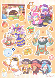 &gt;_&lt; 3boys 5girls ? ^_^ ahoge animal_ears antennae arthropod_girl artist_name baby_bottle beco_(100me) bee_girl belt belt_buckle belt_collar black_bridal_gauntlets black_dress black_hat black_robe blonde_hair blue_eyes blue_hair blue_trim blunt_bangs blunt_ends blush_stickers bob_cut bookshelf bottle bridal_gauntlets buckle bug butterfly buttons cabbie_hat chicken_(food) chicken_leg clenched_hand cloak closed_eyes collar collared_shirt commentary_request covered_mouth crown crumbs cup dark-skinned_female dark-skinned_male dark_skin detached_hood diamond_button donut dress dual_persona dual_wielding ear_covers eating extra_eyes extra_hands eye_print eyeshadow facial_hair fangs fangs_out father_and_daughter flamberge_(kirby) food francisca_(kirby) frilled_gloves frills furrowed_brow furry furry_female gem_apple gloves green_belt green_cloak green_vest hair_over_one_eye hand_on_own_face hat heart heart_print highres holding holding_cup holding_food holding_ice_cream holding_ice_cream_cone holding_plate holding_sword holding_wand holding_weapon honey honey_dipper hood hood_up horns hot_dog hyness ice_cream ice_cream_cone ice_cream_float insect insect_girl insect_wings jacket jar kirby:_planet_robobot kirby:_star_allies kirby:_triple_deluxe kirby_(series) letterboxed long_dress long_hair long_sleeves magolor makeup master_crown max_profitt_haltmann miracle_fruit mouth_veil multiple_boys multiple_girls mustache necktie nintendo no_mouth on_chair one_eye_covered outline pink_eyeshadow pink_hair pink_shirt pink_wrist_cuffs pinstripe_pattern pinstripe_shirt pinstripe_vest plate pocket_watch pudding purple_hair purple_vest queen_sectonia rayman_limbs red_hair red_necktie red_scarf red_trim robe sack scarf scroll shirt short_hair shrimp siblings sisters sitting sleeves_past_fingers sleeves_past_wrists soda solid_eyes spider_web_print spoon star_(symbol) straight_hair susie_(kirby) sword taranza team_kirby_clash_deluxe turtleneck turtleneck_dress vase veil very_long_hair vest void_soul void_termina wand watch weapon white_eyes white_gloves white_hair white_hat white_hood white_jacket white_outline white_robe white_scarf white_veil white_wrist_cuffs wings wrist_cuffs yellow_background yellow_crown yellow_eyes yellow_gloves yellow_headphones yellow_horns yellow_trim yellow_wings zan_partizanne