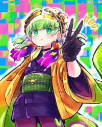 1girl 250en_remon black_gloves checkered_background cowboy_shot duel_monster ear_piercing expressionless gloves green_eyes green_hair highres jacket japanese_clothes kimono noh-p.u.n.k._ze_amin pantyhose piercing purple_kimono purple_pantyhose short_kimono solo v yellow_jacket yu-gi-oh!
