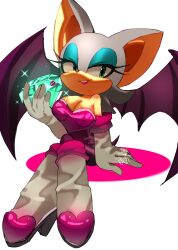 1girl animal_ears animal_nose bat_ears bat_girl bat_wings boots breasts chestplate cleavage crossed_legs curvy elbow_gloves eyeshadow furry furry_female gem gloves green_eyes green_gemstone kiss large_breasts large_ears leather lipstick lipstick_mark long_boots looking_at_viewer makeup rouge_the_bat seductive_gaze seductive_smile sega signature simple_background sitting smile sonic_(series) thigh_boots white_background white_gloves wings