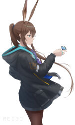 Rule 34 | 1girl, absurdres, amiya (arknights), animal ears, arknights, artist name, black jacket, blue butterfly, blue eyes, brown hair, brown pantyhose, bug, butterfly, butterfly on hand, chinese commentary, closed mouth, clothes writing, commentary request, cowboy shot, floating hair, highres, insect, jacket, jewelry, light smile, long hair, long sleeves, material growth, multiple rings, oripathy lesion (arknights), pantyhose, partial commentary, profile, ressec, ring, sidelocks, simple background, solo, standing, white background