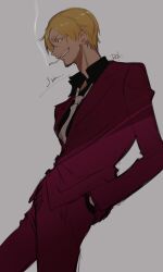 Rule 34 | 1boy, black shirt, blonde hair, cigarette, collared shirt, commentary, cowboy shot, curly eyebrows, facial hair, formal clothes, goatee, hand in pocket, highres, male focus, necktie, one piece, profile, rokurnshu003, sanji (one piece), shirt, short hair, signature, solo, suit