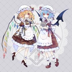 2girls ;) absurdres alternate_costume apron ascot bat_wings black_wings blonde_hair blue_hair closed_mouth collared_dress commentary_request contrast_collar crystal_wings dress enmaided flandre_scarlet frilled_apron frilled_dress frills full_body grey_background grid_background hat hat_ribbon highres holding holding_tray looking_at_viewer maid mob_cap multicolored_wings multiple_girls nikorashi-ka one_eye_closed red_ascot red_dress red_eyes red_ribbon red_shoes remilia_scarlet ribbon shoes short_hair short_sleeves siblings sisters smile socks touhou tray watermark white_apron white_hat white_socks wings yellow_ascot