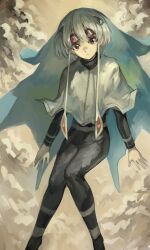 1girl absurdres black_pants brown_background capelet cloud goggles goggles_on_head highres kornod looking_at_viewer original pants red-tinted_eyewear red_eyes solo tinted_eyewear veil white_capelet white_hair white_veil