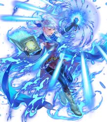 Rule 34 | 1girl, alternate eye color, attack, aura, blue eyes, blue fire, blue headband, blue light, book, breasts, fingerless gloves, fire, fire emblem, fire emblem: radiant dawn, fire emblem engage, fire emblem heroes, gloves, headband, highres, holding, holding book, light rays, medium breasts, micaiah (emblem) (fire emblem), micaiah (fire emblem), nintendo, non-web source, official alternate eye color, open book, open mouth, pantyhose, scarf, solo, suzuki rika, white hair