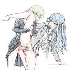 1futa 1girl bang_dream! bang_dream!_it&#039;s_mygo!!!!! blue_hair blue_shirt blue_skirt bottomless chinese_commentary commentary_request dress_shirt female_pubic_hair futa_with_female futanari green_hair grey_jacket haneoka_school_uniform jacket long_hair long_sleeves medium_penis mixed-language_commentary partial_commentary penis pleated_skirt pubic_hair qm_dvn school_uniform sex shirt sidelocks simple_background skirt standing standing_on_one_leg sweat togawa_sakiko tsukinomori_school_uniform wakaba_mutsumi white_background white_shirt