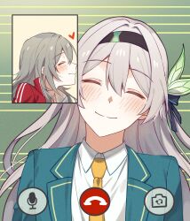 2girls absurdres black_hairband blush closed_eyes closed_mouth coat collared_shirt firefly_(honkai:_star_rail) green_coat grey_hair hair_between_eyes hair_ornament hair_ribbon hairband highres honkai:_star_rail honkai_(series) jacket microphone multiple_girls natsuki_(2917) necktie open_clothes open_coat open_jacket orange_necktie ribbon shirt smile stelle_(honkai:_star_rail) track_jacket trailblazer_(honkai:_star_rail) video_call white_shirt