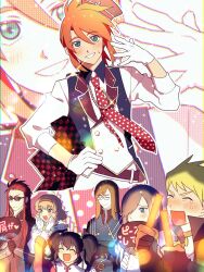 3girls 4boys anise_tatlin asch_(tales) belt black_hair blonde_hair blue_eyes blue_jacket blue_vest blush brown_hair choker closed_eyes closed_mouth commentary_request glasses glint gloves glowstick green_eyes guy_cecil hair_between_eyes hair_over_one_eye hair_slicked_back hairband hand_fan hand_fan_writing hand_on_own_hip highres holding holding_fan holding_glowstick idol_clothes jacket jade_curtiss jewelry long_hair luke_fon_fabre luke_shikakatan medium_hair multiple_boys multiple_girls natalia_luzu_kimlasca_lanvaldear necklace necktie open_mouth parted_lips red_hair red_necktie short_hair sidelocks smile sparkle sunglasses sweatdrop tabard tales_of_(series) tales_of_the_abyss tear_grants tears twintails upper_body vest white_gloves white_jacket