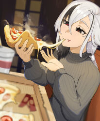 1girl absurdres arlecchino_(genshin_impact) black_eyes black_hair black_sweater breasts cheese cheese_trail commentary eating english_commentary food genshin_impact hair_between_eyes hand_up highres indoors large_breasts light_blush long_hair multicolored_hair pepperoni pepperoni_pizza pizza red_pupils smile solo sweater symbol-shaped_pupils two-tone_hair white_hair x-shaped_pupils yellow_glasses_(odivichno)