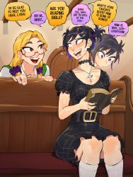 Rule 34 | 2girls, abby (diforland), absurdres, bible (object), black choker, black dress, black hair, blonde hair, blush, book, bright pupils, brown eyes, choker, cross, cross necklace, diforland, door, dress, highres, holding, holding book, indoors, jewelry, long hair, looking at another, lydia (diforland), multiple girls, necklace, open book, open mouth, original, pew, purple eyes, red-framed eyewear, semi-rimless eyewear, short sleeves, sitting, socks, speech bubble, sweat, teeth, upper teeth only, white pupils, white socks