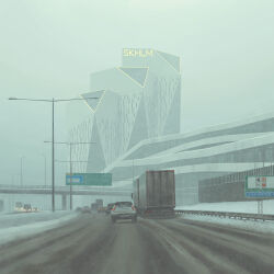 architecture box_truck building car day divided_highway highres highway lamppost motor_vehicle no_humans outdoors road road_sign science_fiction semi_truck sign simon_stalenhag sky sports_utility_vehicle swedish_machines swedish_text traffic trailer truck van