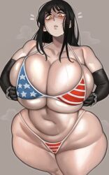 Rule 34 | 1girl, absurdres, american flag, american flag bikini, american flag print, bare shoulders, bikini, black hair, breasts, chainsaw man, cleavage, collarbone, curvy, flag print, flag print bikini, gloves, grey background, highres, hug, huge breasts, kelvin hiu, large breasts, long hair, looking at viewer, navel, print bikini, print swimsuit, simple background, solo, standing, swimsuit, thick thighs, thighhighs, thighs, yoru (chainsaw man)