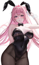1girl alternate_costume animal_ears arm_behind_back bare_shoulders black_bow black_bowtie black_leotard black_pantyhose bow bowtie breasts commentary covered_navel dorothy_(nikke) emauon fake_animal_ears goddess_of_victory:_nikke hair_bun highres large_breasts leotard long_hair looking_at_viewer pantyhose pink_hair playboy_bunny purple_eyes rabbit_ears simple_background single_side_bun solo very_long_hair white_background wrist_cuffs