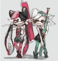 +_+ 2girls aqua_pantyhose bad_id bad_twitter_id black_dress black_hair brown_eyes callie_(splatoon) callie_(squid_sisters_outfit)_(splatoon) detached_collar dress earrings fangs food food_on_head gloves grin hair_rings inkling jewelry long_hair marie_(splatoon) marie_(squid_sisters_outfit)_(splatoon) mole mole_under_eye multiple_girls nintendo nootaragibe object_on_head open_mouth paint_roller pantyhose pink_legwear short_jumpsuit simple_background smile splat_charger_(splatoon) splat_roller_(splatoon) splatoon_(series) splatoon_1 strapless strapless_dress sushi symbol-shaped_pupils tentacle_hair unitard white_gloves white_hair