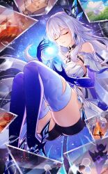 1girl absurdres bare_shoulders blue_gloves breasts closed_eyes closed_mouth commentary_request genshin_impact gloves hair_between_eyes hair_ornament highres holding large_breasts long_hair simple_background skirk_(genshin_impact) solo very_long_hair white_background white_hair yuno_kaihara