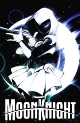 Rule 34 | 1boy, absurdres, bishoujo senshi sailor moon, character name, commentary, crescent, crescent moon, crossdressing, crossdressing (mtf), english commentary, english text, feet out of frame, gloves, glowing, glowing eye, highres, hood, hood up, limehazard, limited palette, looking at viewer, male focus, marvel, moon, moon knight, parody, planet, pleated skirt, pointing, pointing at viewer, skirt, solo, space, standing, star (sky), tsuki ni kawatte oshioki yo