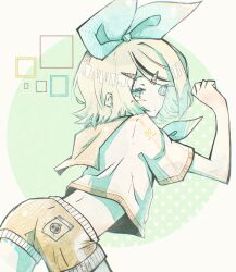 1girl absurdres bent_over blonde_hair bow closed_mouth commentary cowboy_shot crop_top crop_top_overhang dot_mouth eyes_visible_through_hair feet_out_of_frame from_behind green_bow green_theme hair_bow hair_ornament hairclip halka highres kagamine_rin looking_at_viewer medium_hair midriff necktie parted_bangs short_shorts shorts solo vocaloid