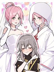3girls alternate_costume bare_shoulders black_gloves blue_hair blush bridal_veil bride closed_eyes dress elbow_gloves female_focus gloves green_eyes grey_hair hair_bun hand_on_own_chin heart highres honkai:_star_rail honkai_(series) jacket japanese_clothes jewelry kimono long_hair multicolored_hair multiple_girls multiple_views necklace oyasuuu_m pink_hair polygamy rappa_(honkai:_star_rail) shiromuku shirt smile stelle_(honkai:_star_rail) streaked_hair thinking tiara trailblazer_(honkai:_star_rail) uchikake veil wataboushi wedding_dress white_dress white_gloves white_kimono white_shirt wife_and_wife wife_and_wife_and_wife yuri