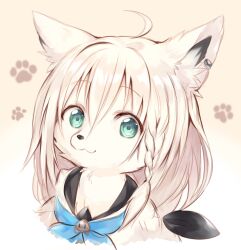 1girl ahoge animal_ear_fluff animal_ear_piercing animal_ears animal_nose blue_neckerchief braid cropped_shoulders fox_ears fox_girl furrification furry furry_female green_eyes hair_between_eyes highres hololive long_hair looking_at_viewer neckerchief paw_print shirakami_fubuki shirakami_fubuki_(1st_costume) single_braid snout solo sukemyon virtual_youtuber white_hair