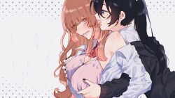 Rule 34 | 2girls, black hair, black jacket, black nails, bra, breasts, commentary, ear piercing, earrings, grabbing another&#039;s breast, groping, heart, heart earrings, jacket, jewelry, large breasts, ll 446, long hair, multiple girls, neck ribbon, open clothes, open mouth, open shirt, orange eyes, orange hair, original, piercing, pink bra, ponytail, purple eyes, red ribbon, ribbon, school uniform, shirt, underwear, white shirt, yuri