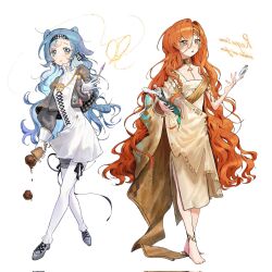 2girls 37_(reverse:1999) 37_(reverse:1999)_(cosplay) alternate_hairstyle ancient_greek_clothes anklet asymmetrical_bangs bare_shoulders barefoot between_fingers blue_eyes blue_hair bottle checkered_hairband collared_dress cosplay costume_switch crossed_legs drawing_on_air dress dropping food full_body glass_pen gloves gold_choker greco-roman_clothes grey_cloak grey_eyes grey_shoes grey_sleeves hair_between_eyes hairband hibissukssurussuk high_collar highres hofmann_knot holding holding_food holding_ice_cream holding_pen holding_scroll ice_cream italian_text jewelry long_hair looking_at_viewer looking_up message_in_a_bottle multiple_girls outstretched_arm pants pants_under_dress parted_lips pen reverse:1999 scroll shoes short_dress sonetto_(reverse:1999) sonetto_(reverse:1999)_(cosplay) standing toga two_side_up very_long_hair wavy_hair white_background white_dress white_gloves white_pants