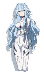 1girl absurdres ayanami_rei blue_hair bodysuit breasts closed_mouth commentary_request cropped_legs drop_shadow gloves hair_between_eyes hair_ornament highres holding huanxiang_huifeng long_hair medium_breasts neon_genesis_evangelion red_eyes simple_background solo very_long_hair white_background white_bodysuit white_gloves