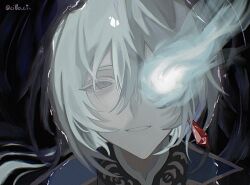 Rule 34 | 1boy, anaxa (honkai: star rail), aqua eyes, aqua hair, close-up, collared coat, colored eyelashes, crystal earrings, cyn ouo, earrings, flaming eye, hair between eyes, honkai: star rail, honkai (series), in water, jewelry, long hair, looking up, low ponytail, lying, male focus, on back, one eye covered, pink pupils, ponytail, side ponytail, single earring, smile, solo
