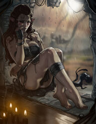 1girl arm_under_breasts ass bandaged_hand bandaged_leg bandages breasts bruise bruise_on_arm candle cleavage collarbone crying dirty dirty_face dirty_feet elf eyelashes feet female_focus finger_to_mouth ganassa highres injury large_ears legs long_hair parted_lips pointy_ears rain signature sitting solo tauriel teeth the_hobbit thick_lips toenails toes tolkien&#039;s_legendarium torn_clothes
